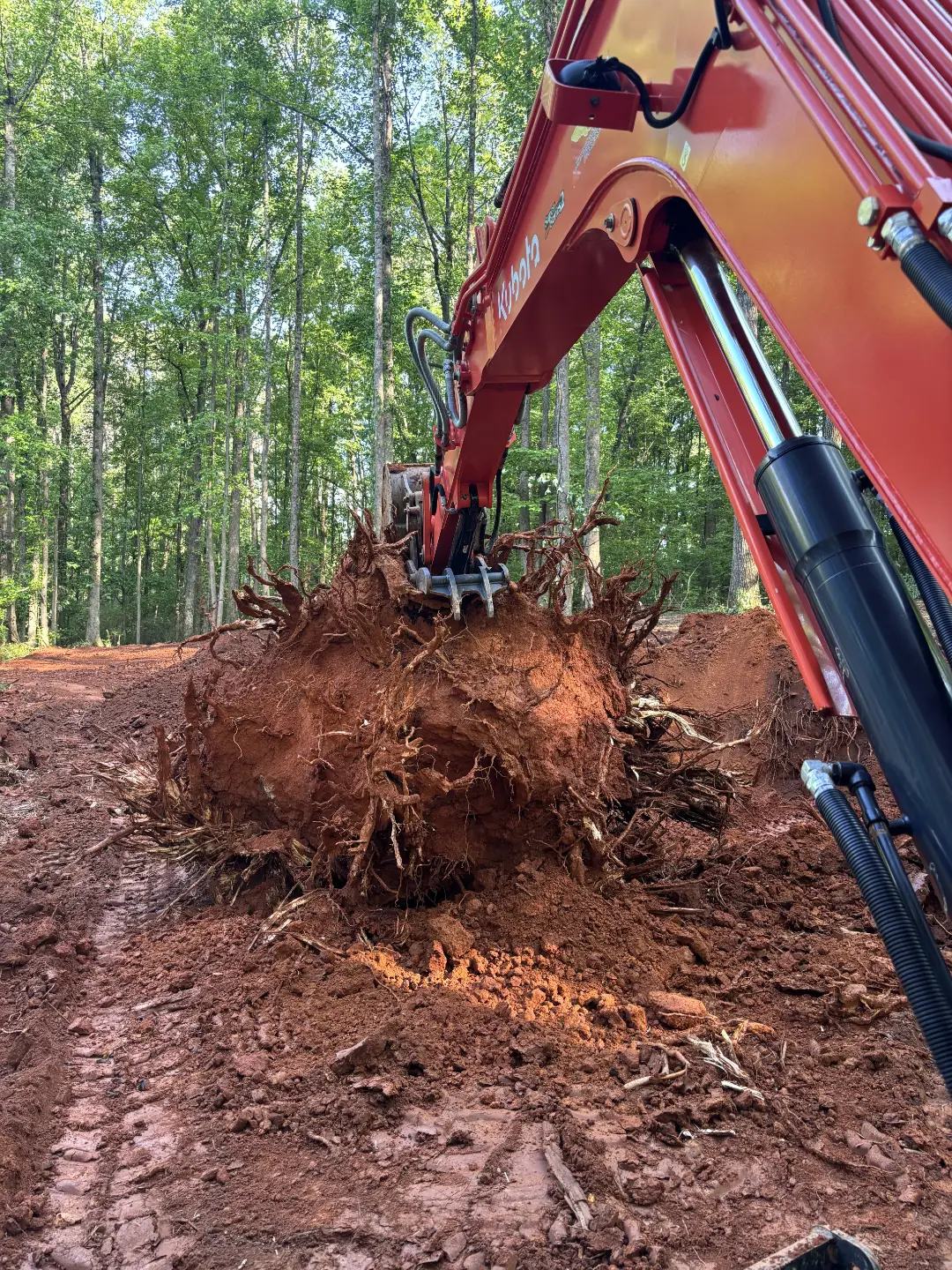Excavating a large tree stump during land clearing process