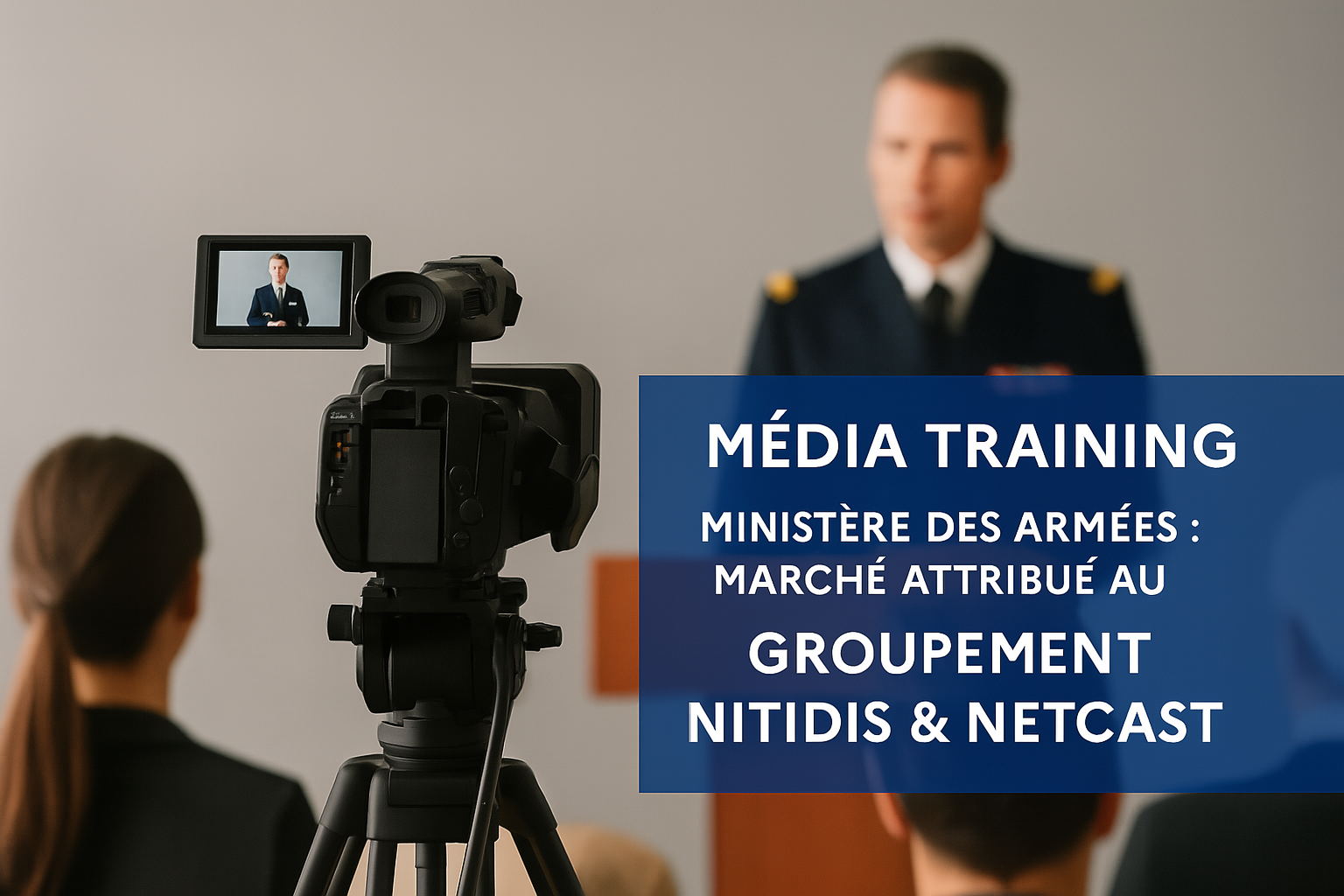 Un officier supérieur en formation en média training avec Mediatraining.info parle devant une caméra et des journalistes