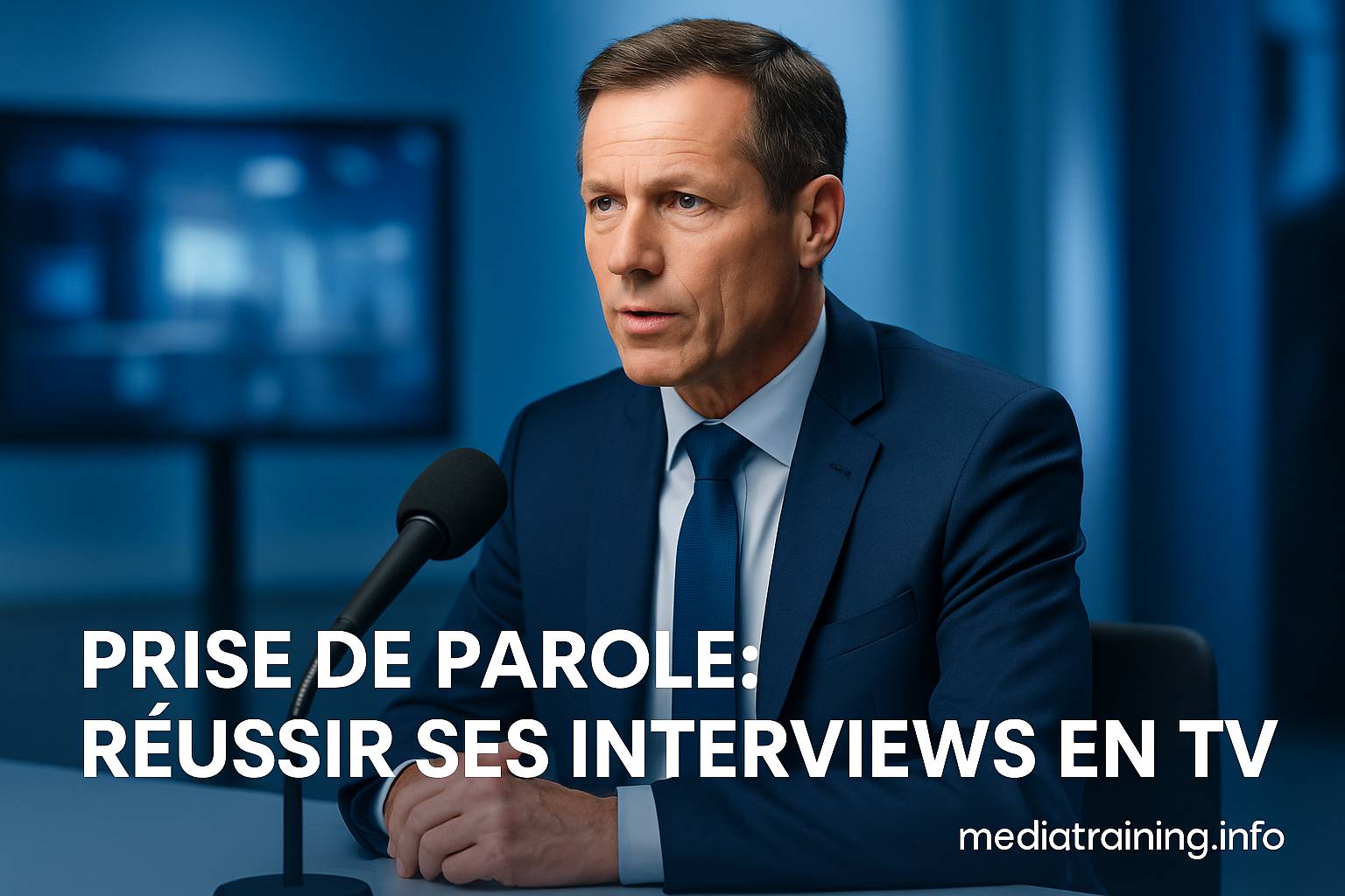 Porte-parole en plateau télé lors d’une interview, illustrant une formation Mediatraining.info sur la prise de parole à la télévision. Formations certifiées Qualiopi, méthode déposée M.E.D.I.A.® de Nitidis et Mediatraining.info.