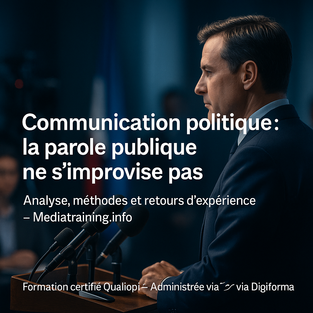 Responsable politique français debout derrière un pupitre, entouré de micros et de caméras, dans une lumière bleue institutionnelle. Texte incrusté : “Communication politique : la parole publique ne s’improvise pas – Analyse, méthodes et retours d’expérience – Mediatraining.info”.