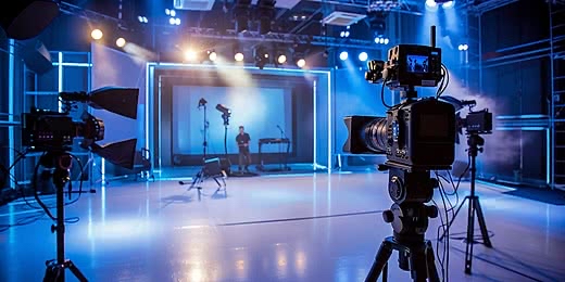 Média training et intelligence artificielle : un dirigeant en situation d’interview face caméra en studio tv - préparation de la parole publique par mediatraining.info