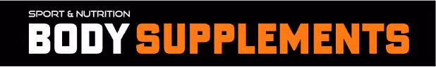 Texte en majuscules blanc et orange indiquant Sport & Nutrition Body Supplements sur fond noir.