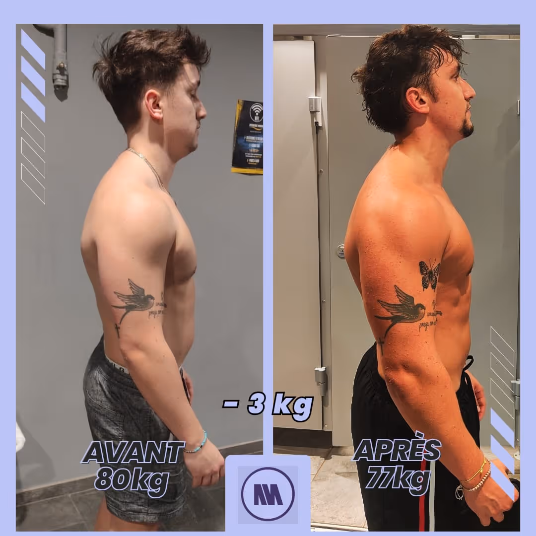 Avant et après de profil d'un homme montrant une perte de 3 kg, passant de 80 kg à 77 kg, avec tatouages visibles sur le bras.