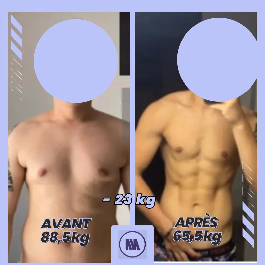 Photo avant-après montrant la transformation corporelle d’un homme ayant perdu 23 kg, pesant 88,5 kg avant et 65,5 kg après avec un corps plus musclé.