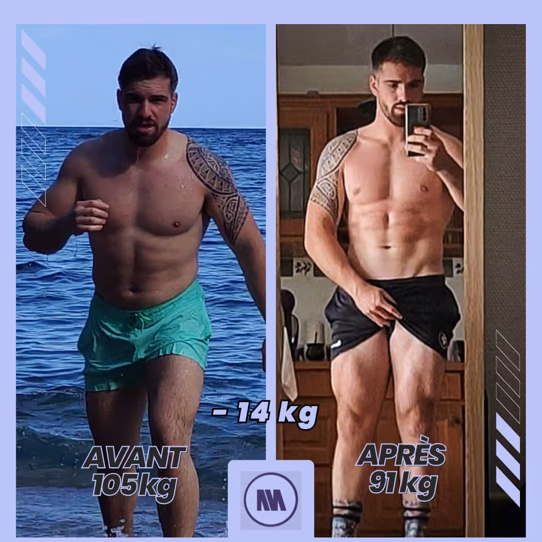 Homme montrant une transformation physique, avant à 105 kg sur une plage et après à 91 kg en intérieur avec un téléphone en main.
