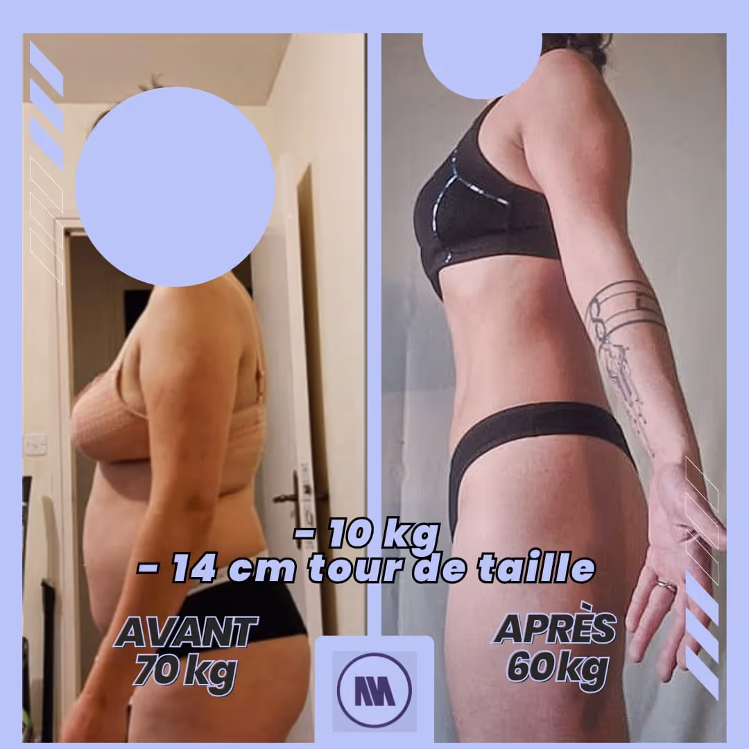 Transformation physique avant/après d'une cliente femme.