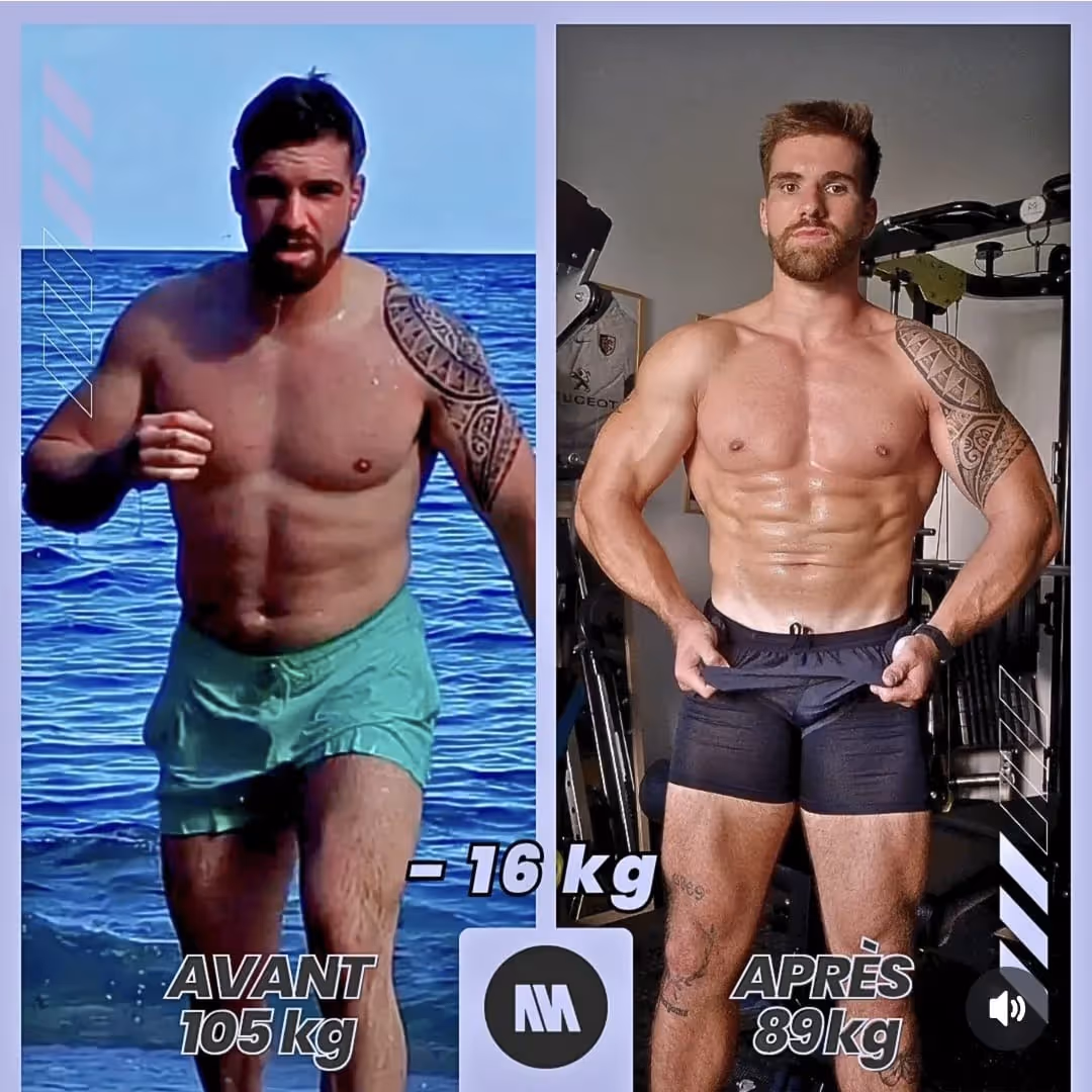 Transformation physique avant/après d'un client homme.