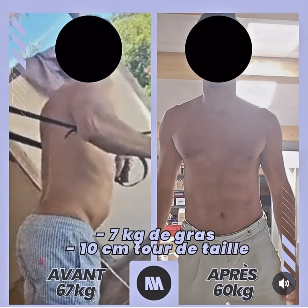 Transformation physique avant/après d'un client homme.