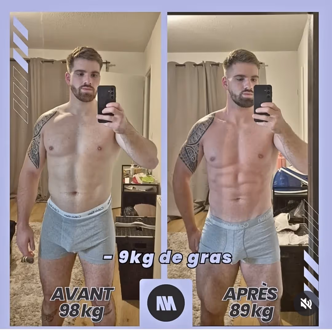 Transformation physique avant/après d'un client homme.