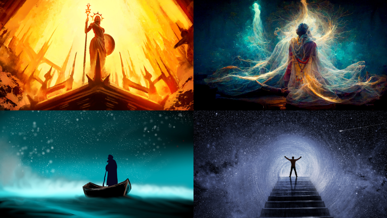 A collage of four digital fantasy scenes: top left, a radiant goddess-like figure stands on a pointed platform holding a staff and shield amid glowing golden light; top right, a person with a glowing ethereal aura and flowing, luminous fabric extending outward sits with their back to the viewer against a dark blue background; bottom left, a silhouette of a person standing in a small boat on a misty water body under a starry sky; bottom right, a person with arms raised stands at the top of stairs leading into a glowing cosmic vortex surrounded by stars and galaxies.