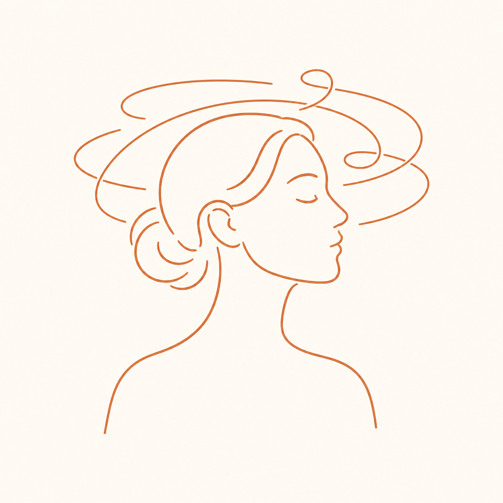 Line drawing of a woman in profile with circling thoughts around her head.