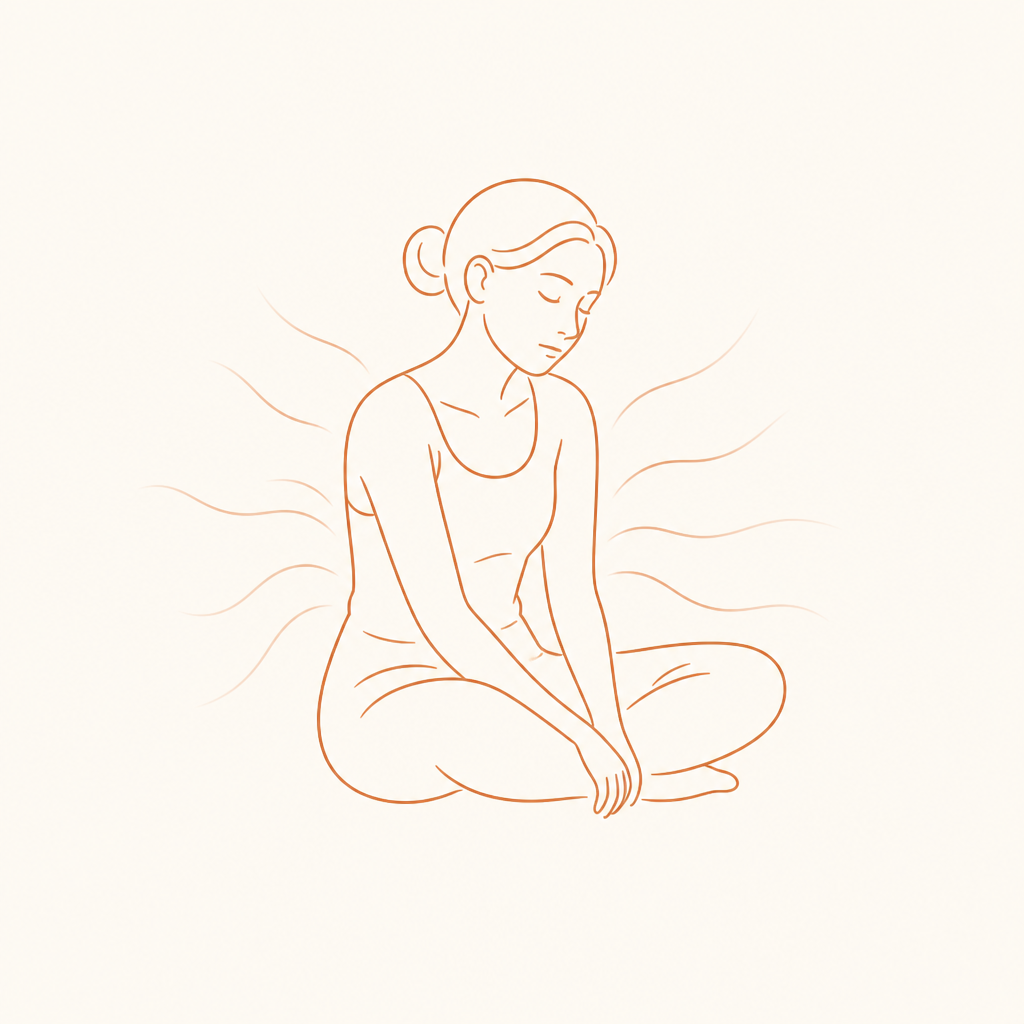 Line drawing of a woman sitting with fading energy around her body.