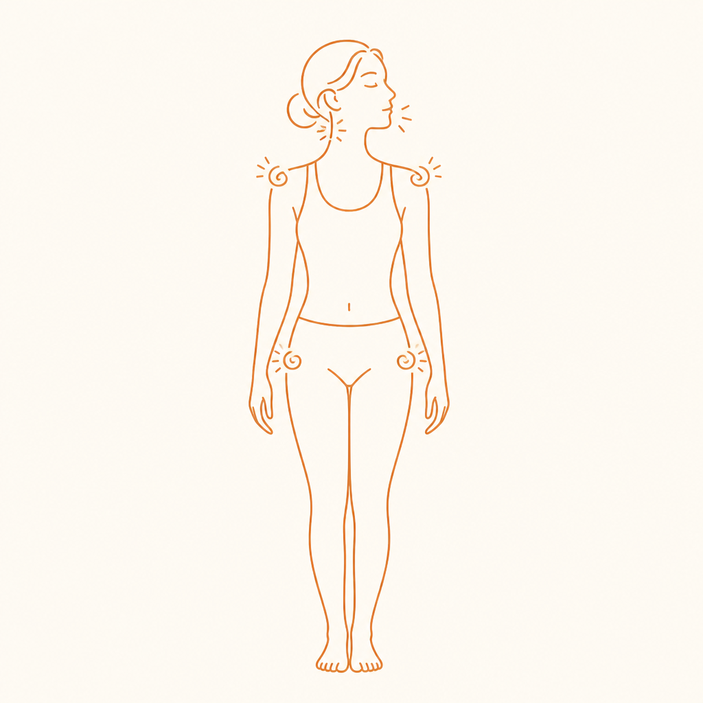 Line drawing of a woman with tension marks at jaw, neck, shoulders, and hips.