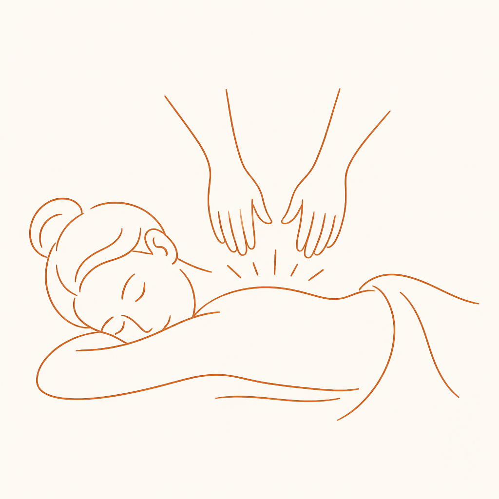 Line drawing of practitioner hands listening above a resting body.