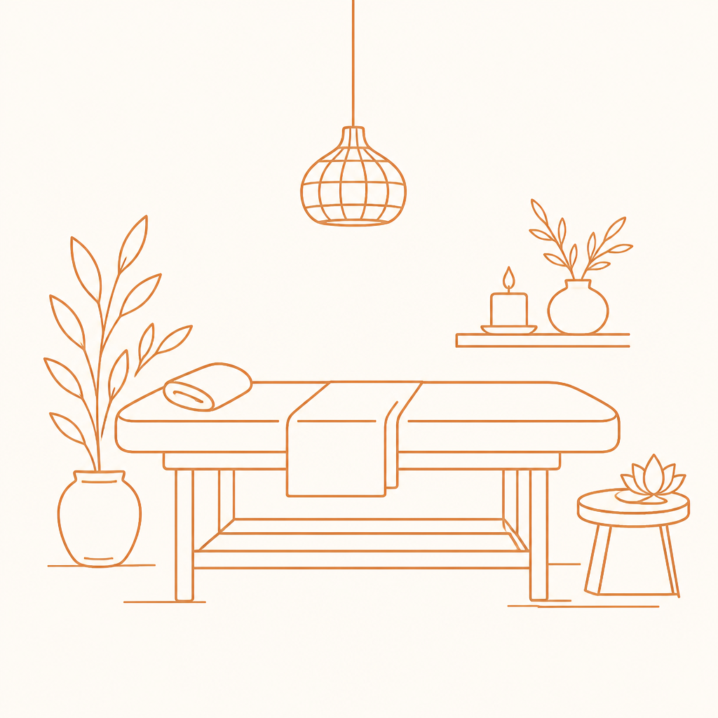 Line drawing of a warm massage room with botanicals instead of a clinic.