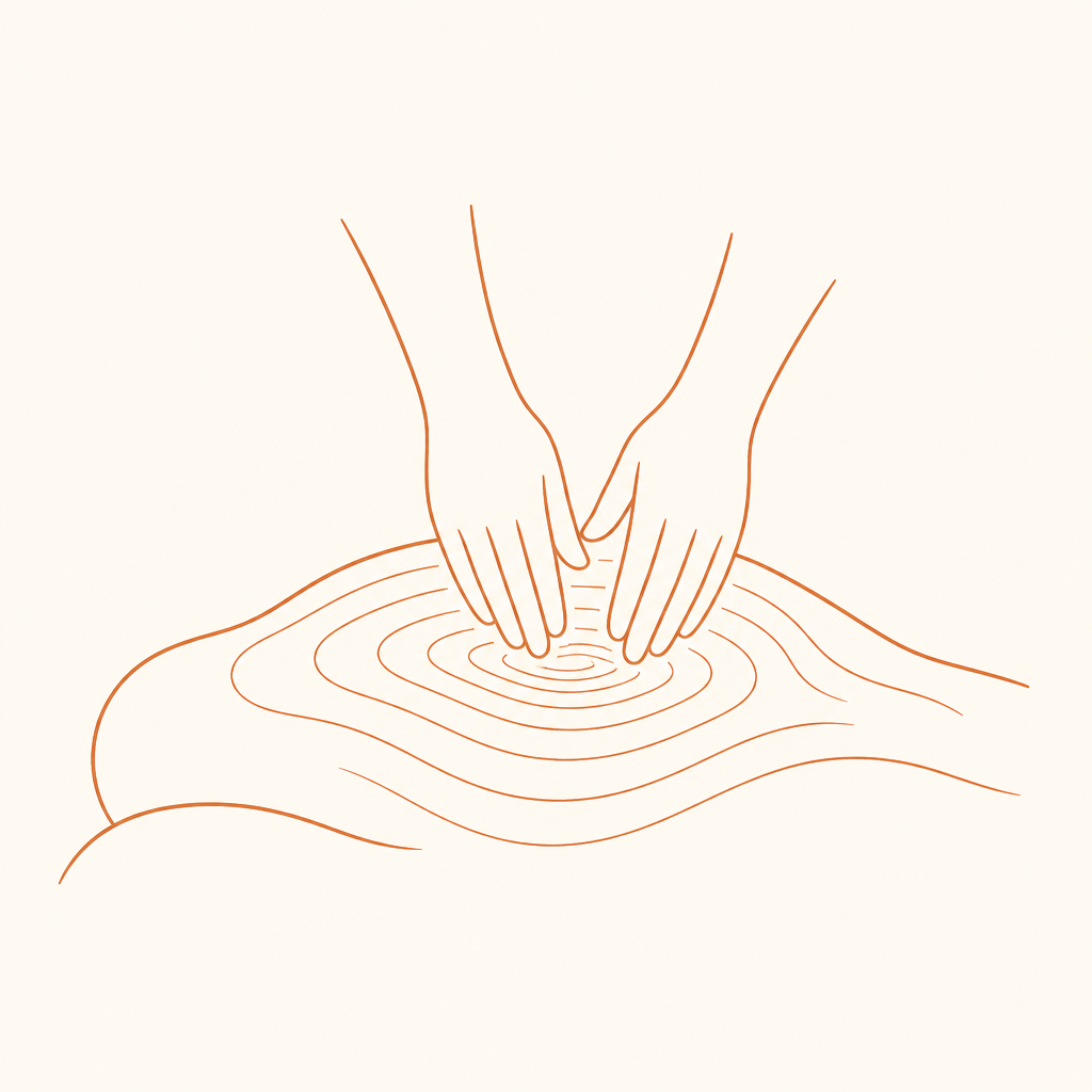 Line drawing of hands working through layered depth lines in the body.