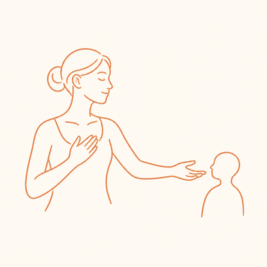 Line drawing of a woman reaching toward others with one hand on her own chest.