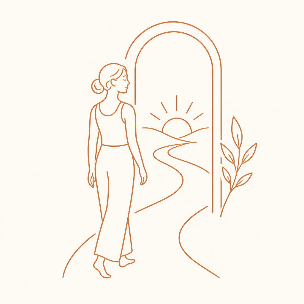 Line drawing of a woman walking through an arched doorway onto a turning path.