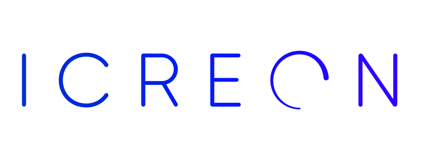 ICRECON logo; a stylized wordmark in a blue-purple gradient, displayed against a black background.