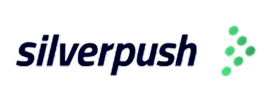 Silverpush logo in dark blue, accompanied by a teal abstract design on a black background.