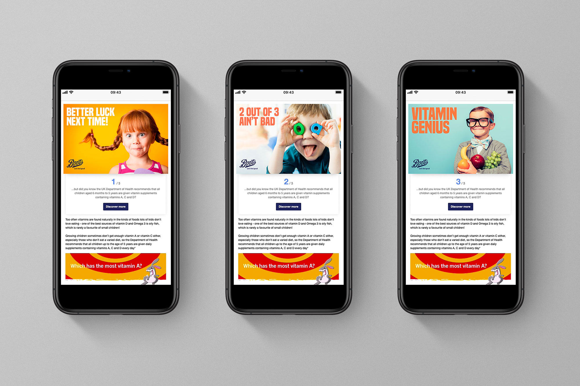 Three smartphones showing articles and images of playful children.