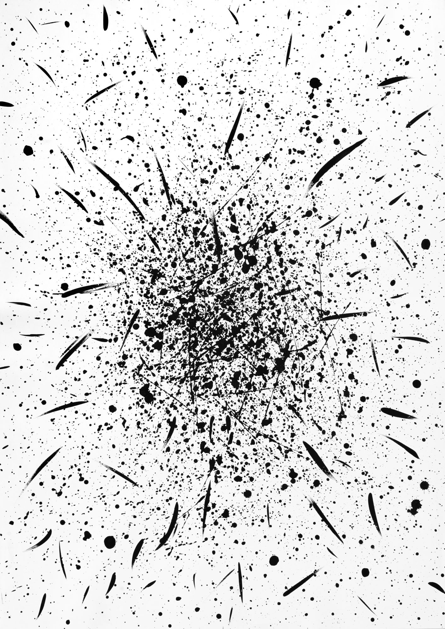 Abstract splashes and a few strokes of black paint on white paper.
