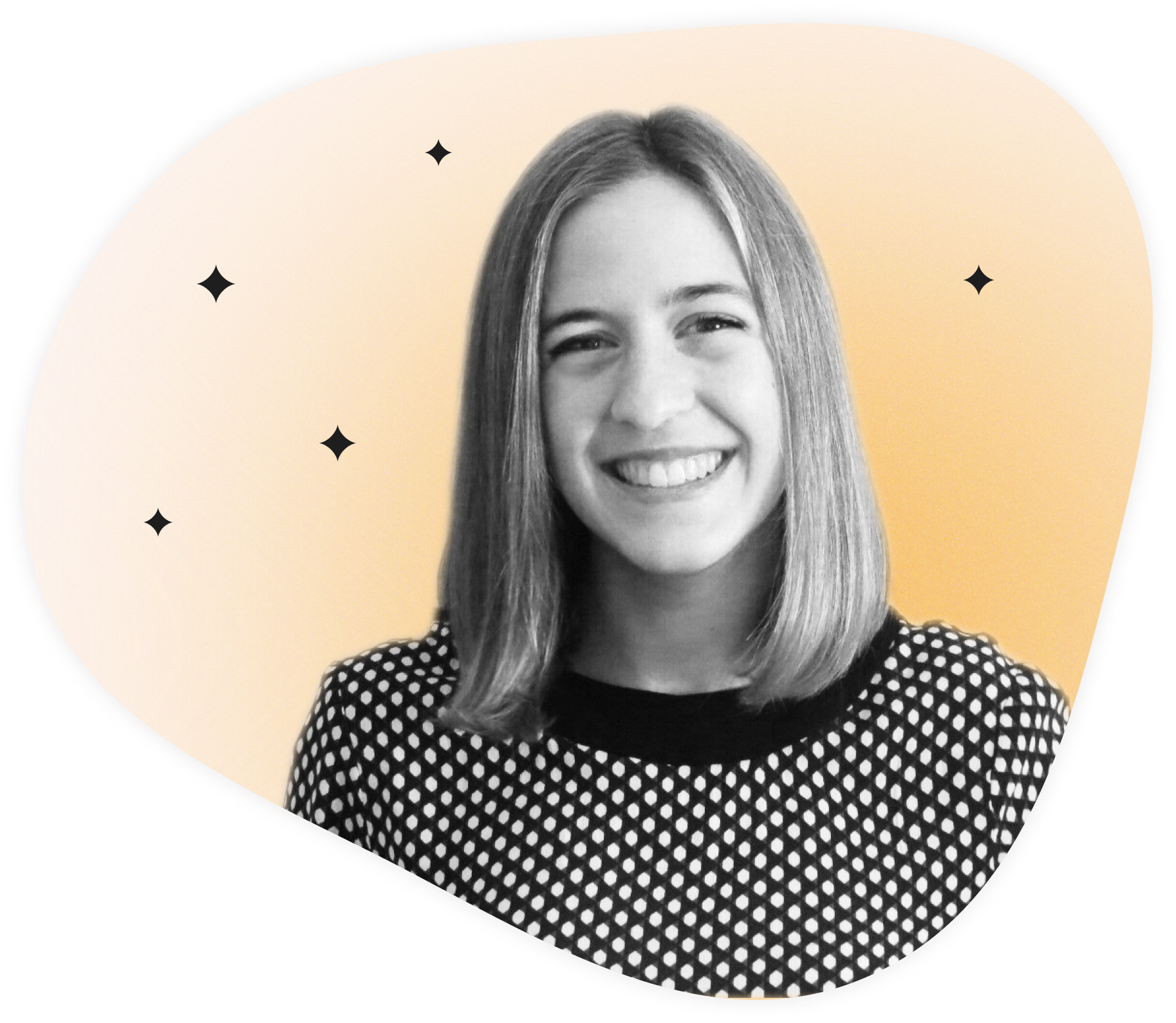 Profile photo in black and white with a yellow background and graphic illustrations, woman in her thirties, white skin, blond-ish hair, a big smile and a great personality! wink wink