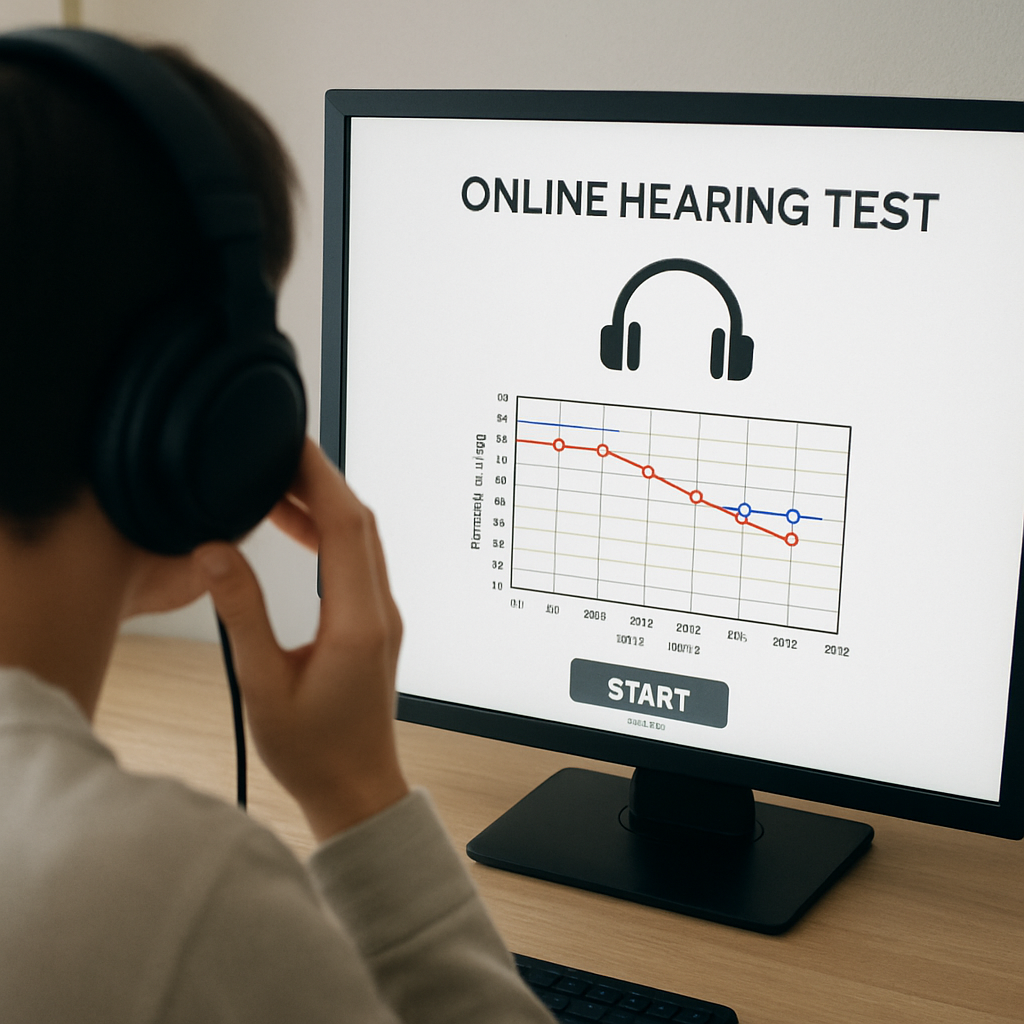 Headphones and a computer screen displaying an online hearing test