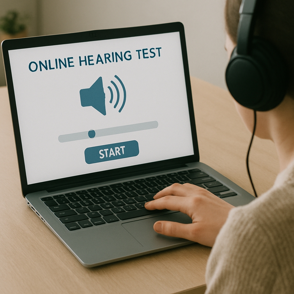 Person wearing headphones taking an online hearing test on a laptop