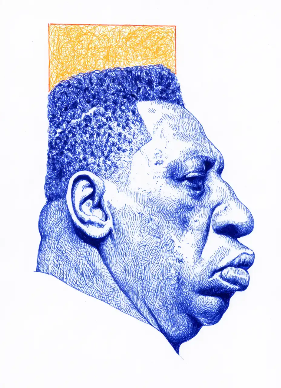 Blue ink detailed sketch of a man's side profile with a flat top haircut, featuring textured shading and a yellow-orange scribbled square behind his head.