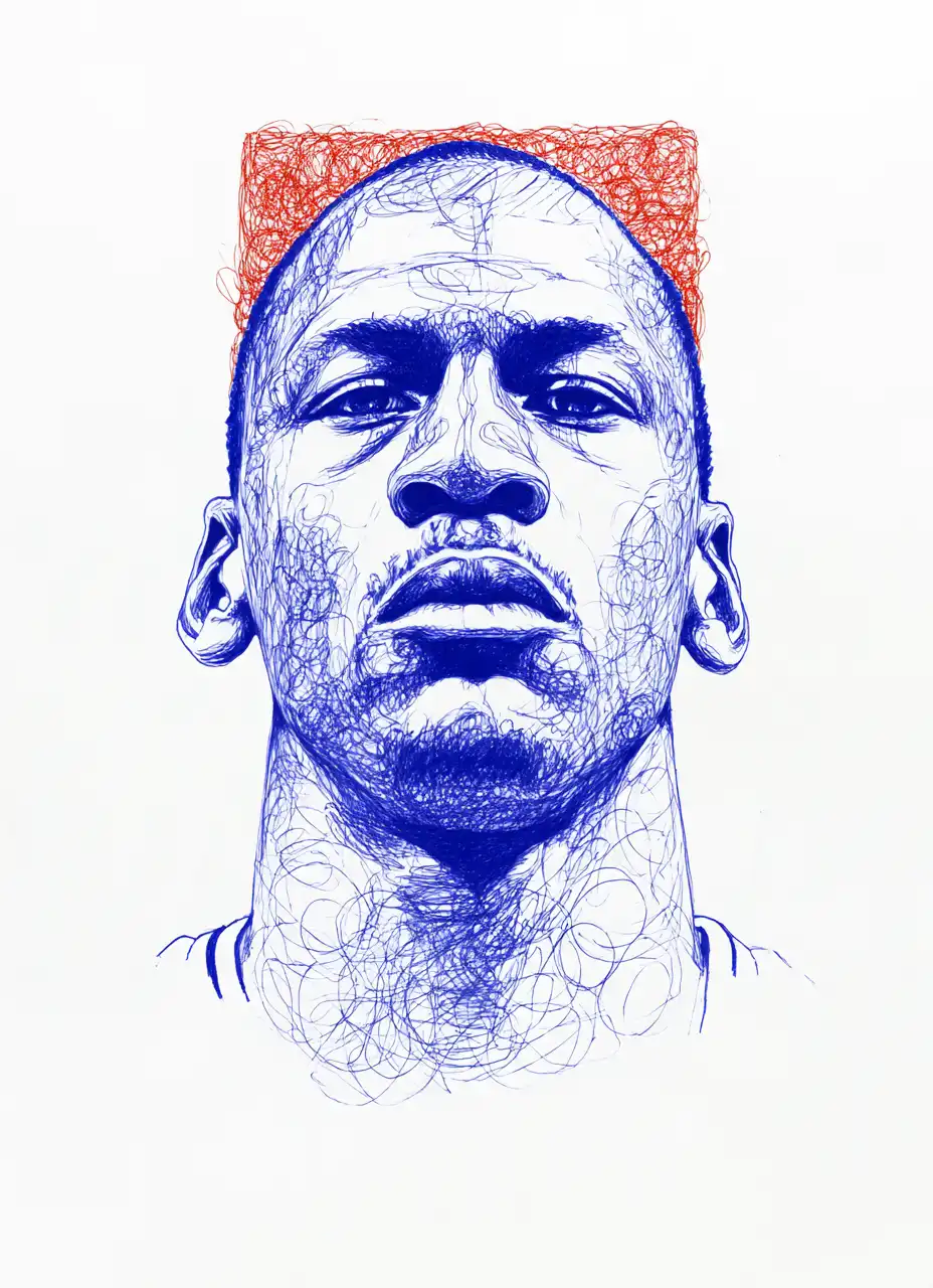 A detailed blue pen sketch portrait of a man facing forward with a serious expression, featuring scribble-style shading and a red scribbled rectangular background.