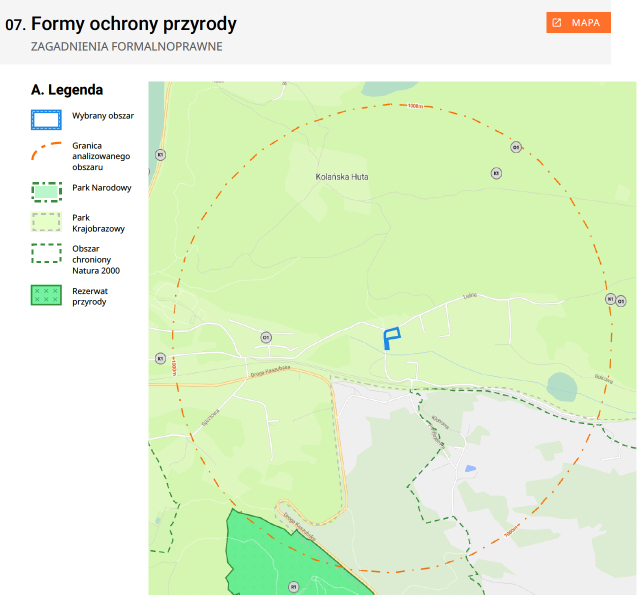 Dzialki360.pl - przykład z Raportu o Działce - sekcja: Formy ochrony przyrody