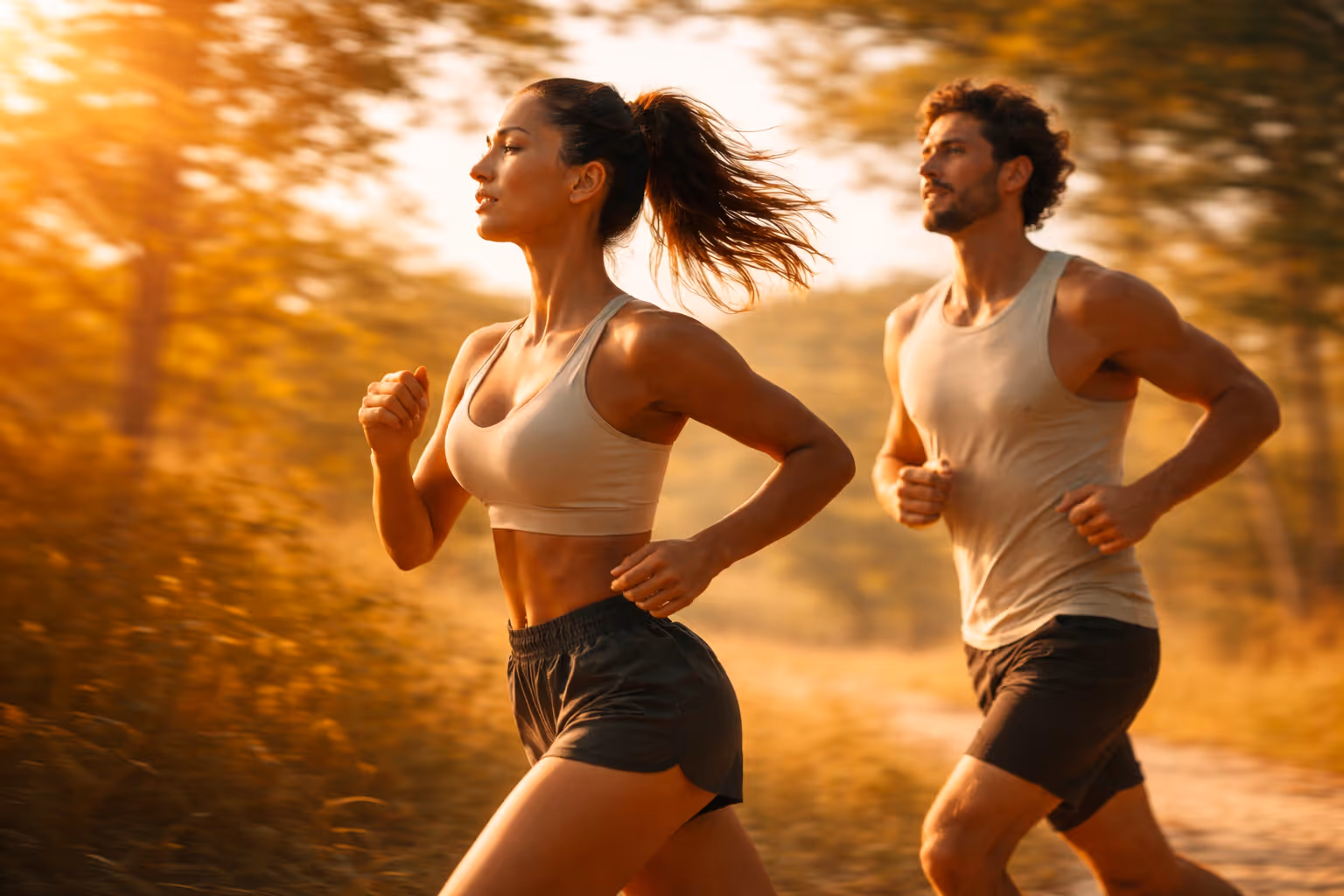 Coppia che corre all'aperto su un sentiero al tramonto con abbigliamento sportivo leggero.
