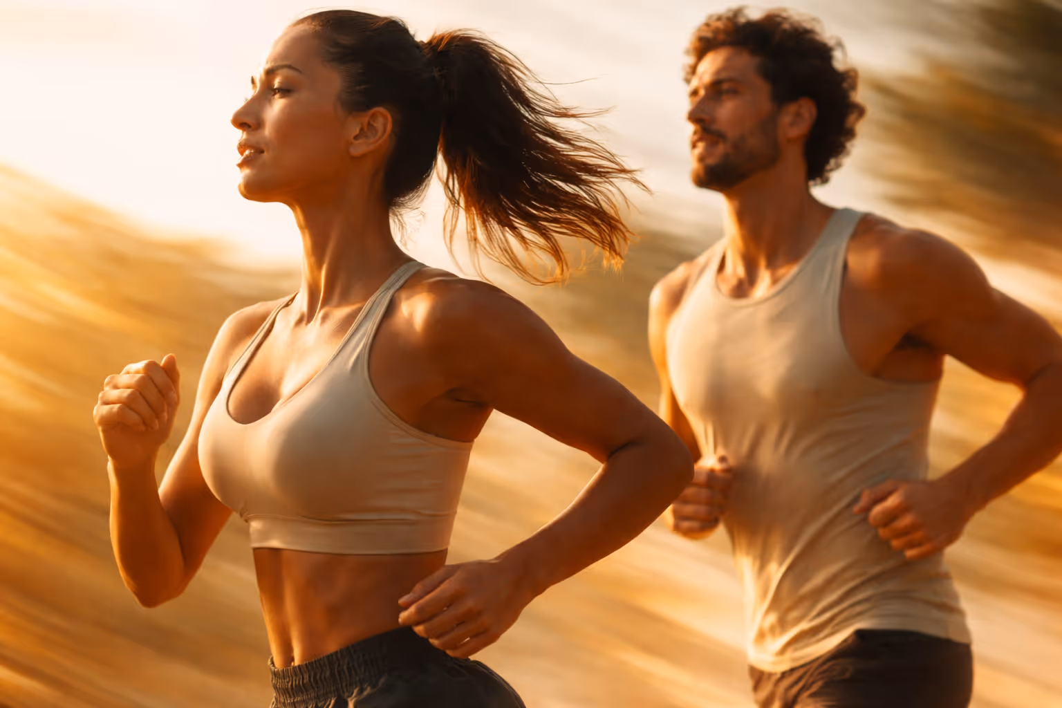 Coppia atletica che corre all'aperto al tramonto con abbigliamento sportivo chiaro.
