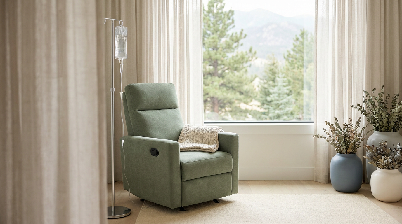 A calm modern IV infusion suite with a sage upholstered recliner beside a window overlooking pine trees