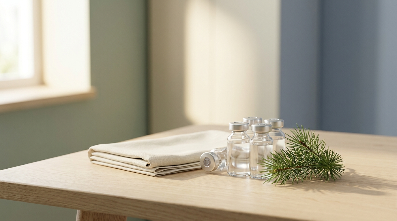 Sterile glass medication vials in soft natural light on a pale oak surface beside a sprig of pine