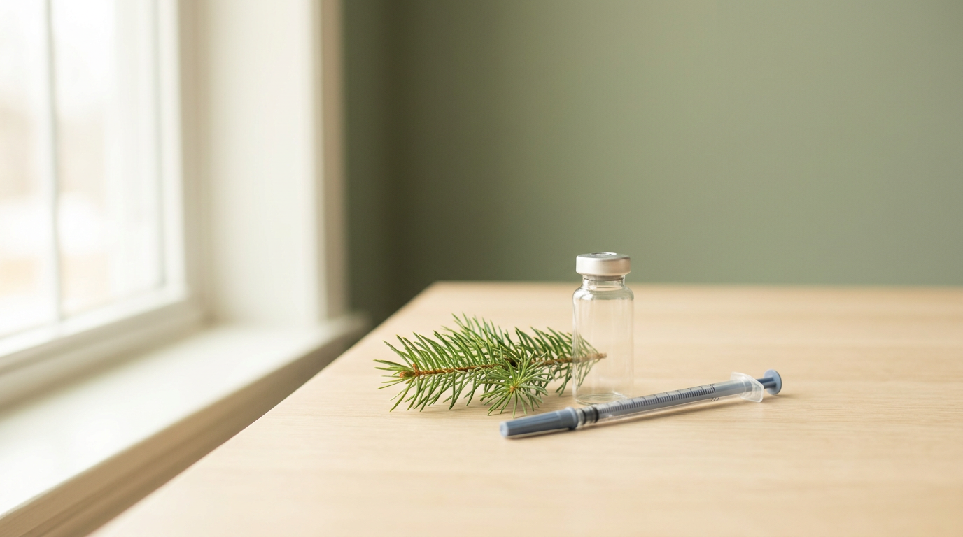 A single small medication vial and a fine-gradation syringe on a pale oak surface in soft morning light beside a sprig of pine