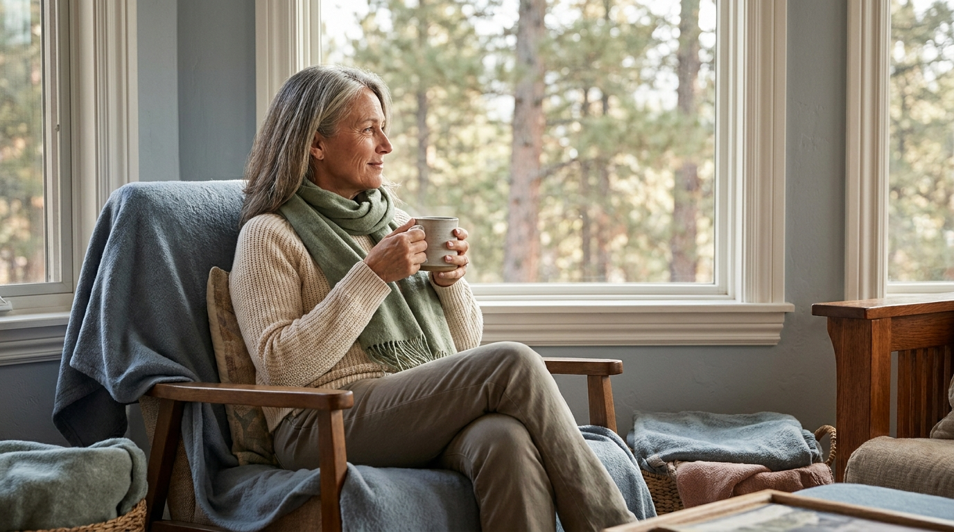 A confident woman in her early fifties sitting near a bright window looking out at pine trees