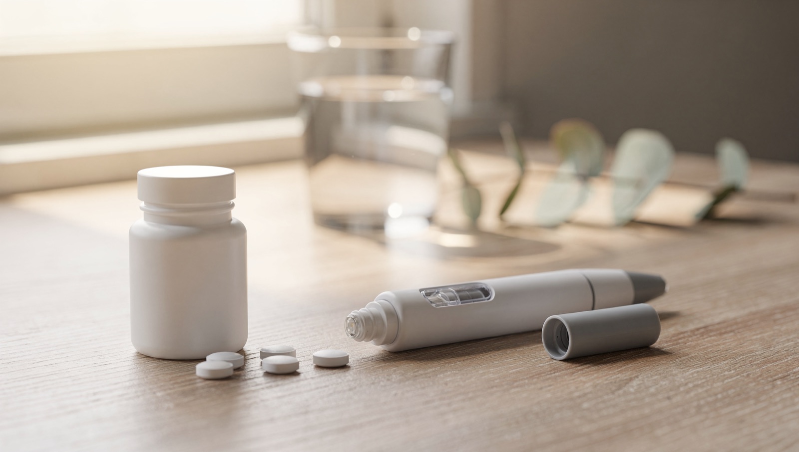 GLP-1 pill bottle with tablets next to a weekly GLP-1 injection pen on a table