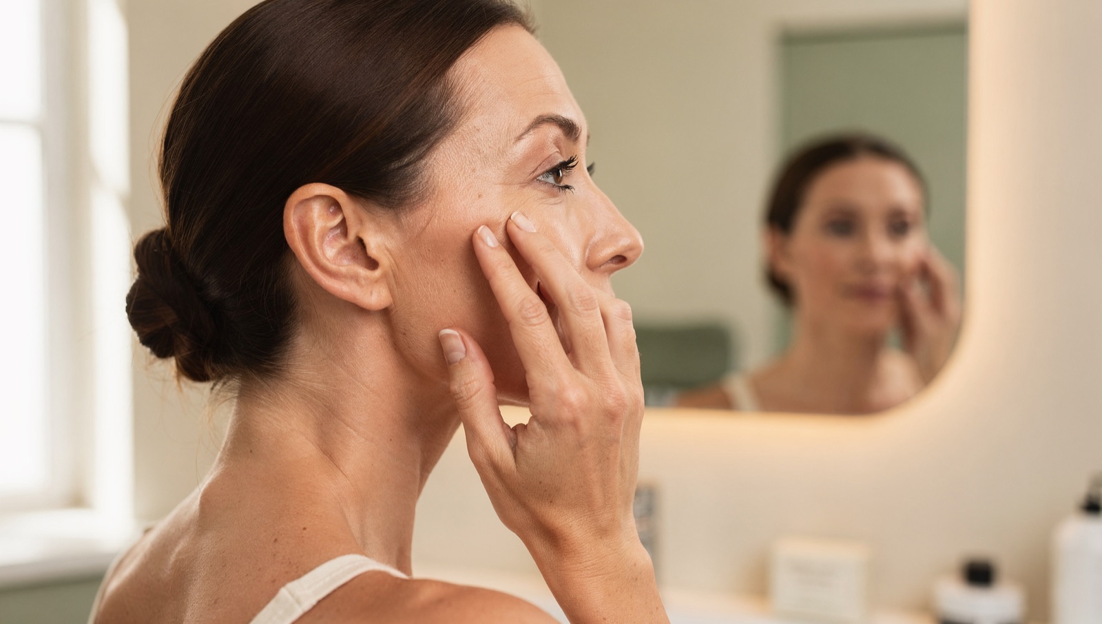 Woman checking facial volume in her cheek in a mirror at an aesthetic clinic