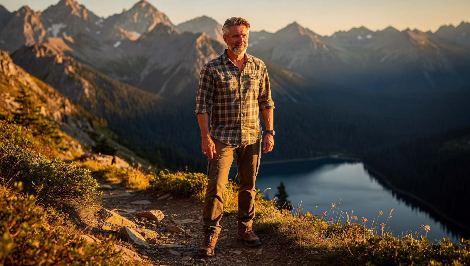 Healthy middle-aged man hiking a mountain trail above a lake in Montana