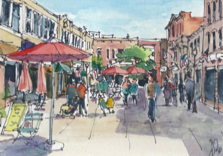Watercolor painting of a pedestrian street scene with people walking, outdoor umbrellas, and historic buildings.