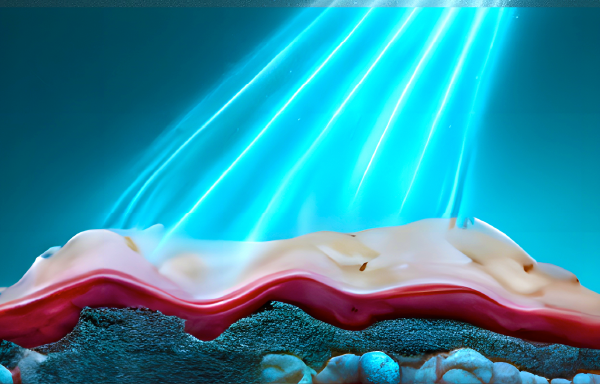 Visual depiction of collagen production being stimulated in the skin, with blue light rays enhancing the skin's layers and boosting the structural collagen network.