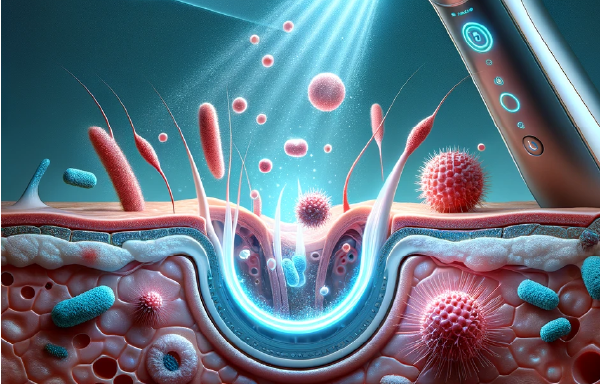 Close-up illustration of a pore being cleansed of acne-causing bacteria with heat, depicting red bacteria being targeted by blue heat rays in a skin environment.