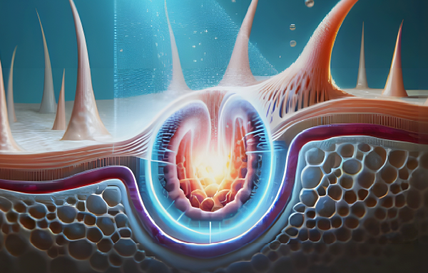 Graphical representation of a pore with thermal energy reducing excess oil production, showing a narrowed oil gland and diminished oil output in the skin tissue.