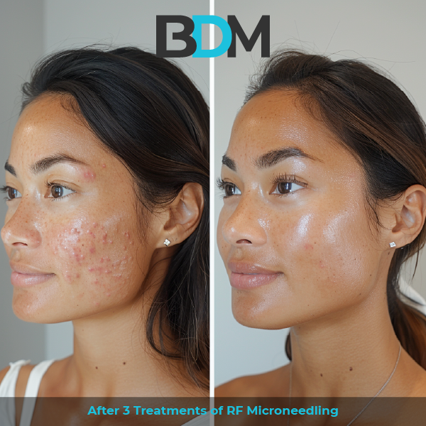 Alt Tag for the Left Set of Images: "Before and after photos of a woman's profile following 3 treatments of RF Microneedling. The 'before' photo shows her with numerous red acne blemishes on her cheek and jawline. The 'after' photo displays a significant reduction in acne, revealing clear, more even-toned skin.