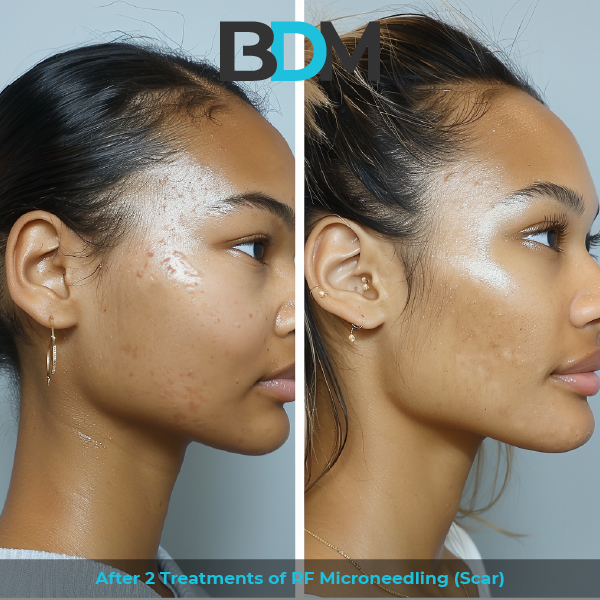 Profile comparison of a woman before and after 2 treatments of RF Microneedling for scarring. The initial photo shows dark acne scars along her cheek and temple. The subsequent photo illustrates improved skin texture and a marked decrease in the visibility of scars.