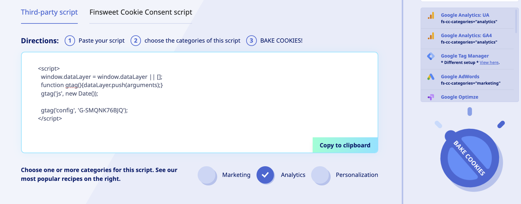 Analytics Code in Cookie Oven