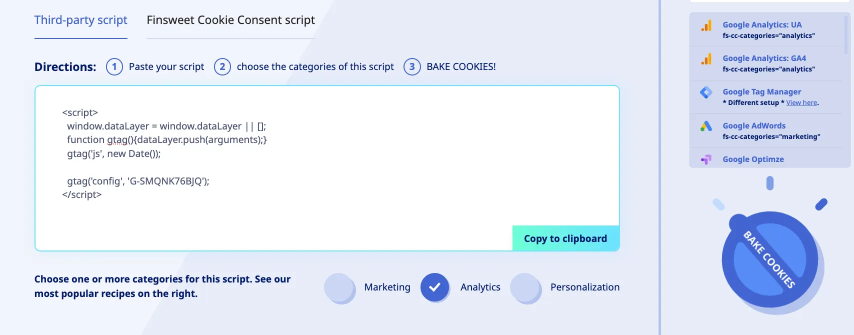 Analytics Code in Cookie Oven