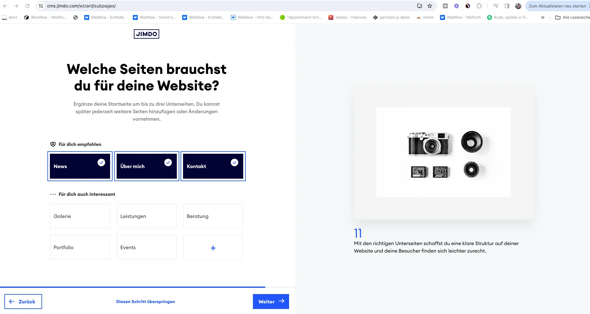 Jimdo Benutzeroberfläche